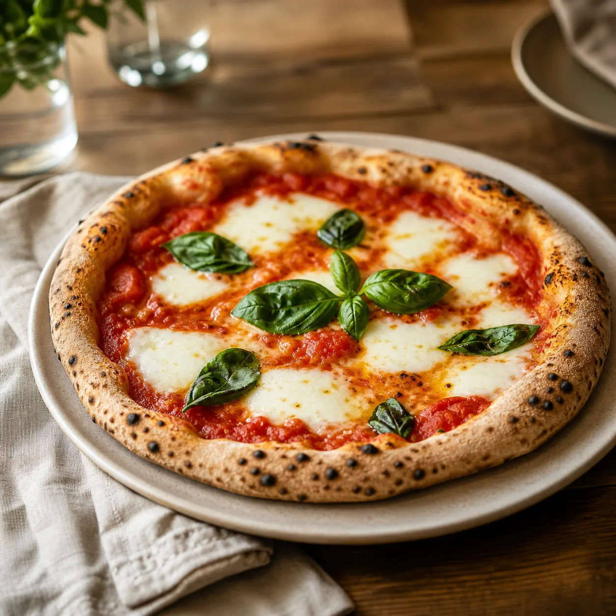 Pizza margherita artigianale fotografata su un tavolo caldo.